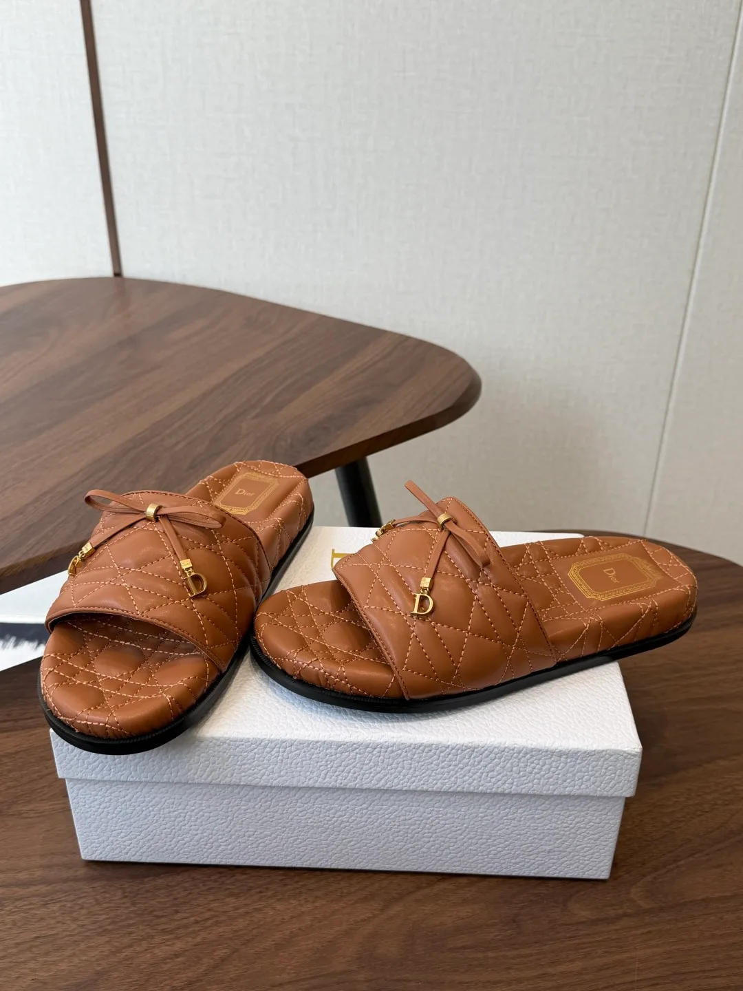 Dior Denim Quilted Slippers in Brown · view 3