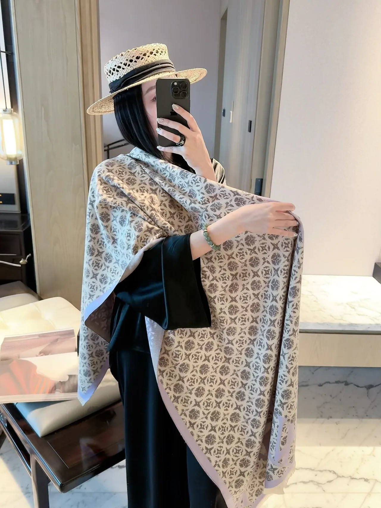 Louis Vuitton Large monogram fringed scarf in Beige & Black · view 3
