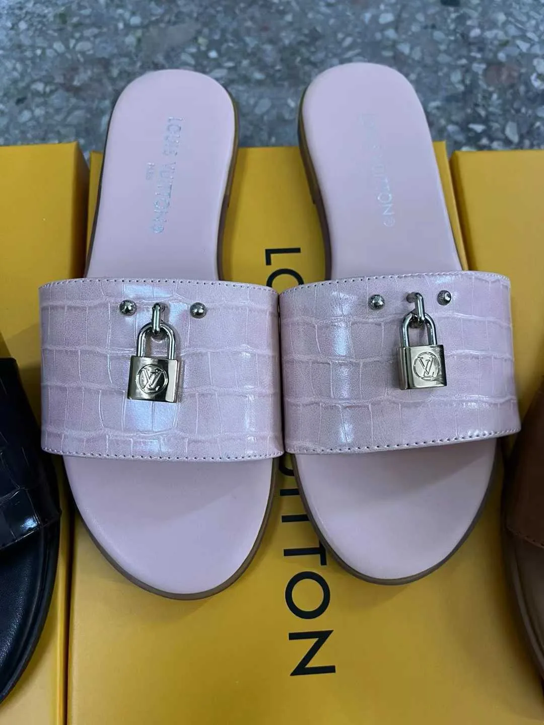Louis Vuitton Lock Slides in Black & Brown & Pink · view 3