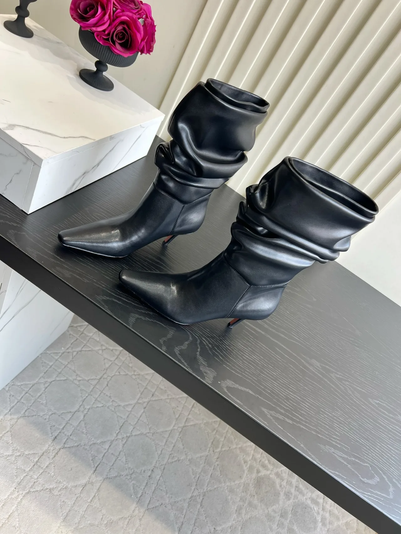 Amina Muaddi Cowhide Glossy Pointed-Toe Boots in Black · view 2