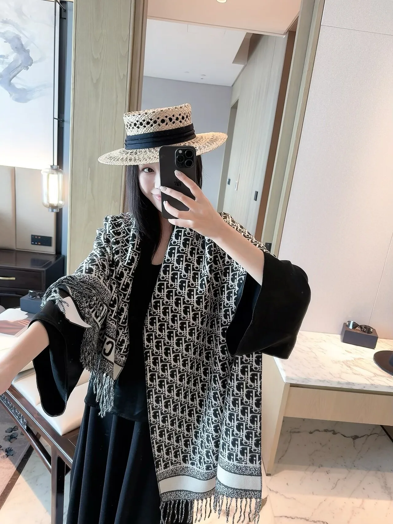 Dior Oblique Fringed Scarf in Tan & Black · view 5