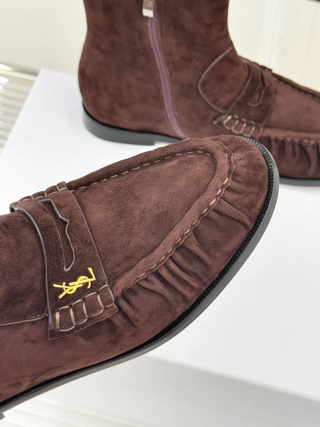 Saint Laurent Suede-Look Round-Toe Ankle Boots in Brown · view 7