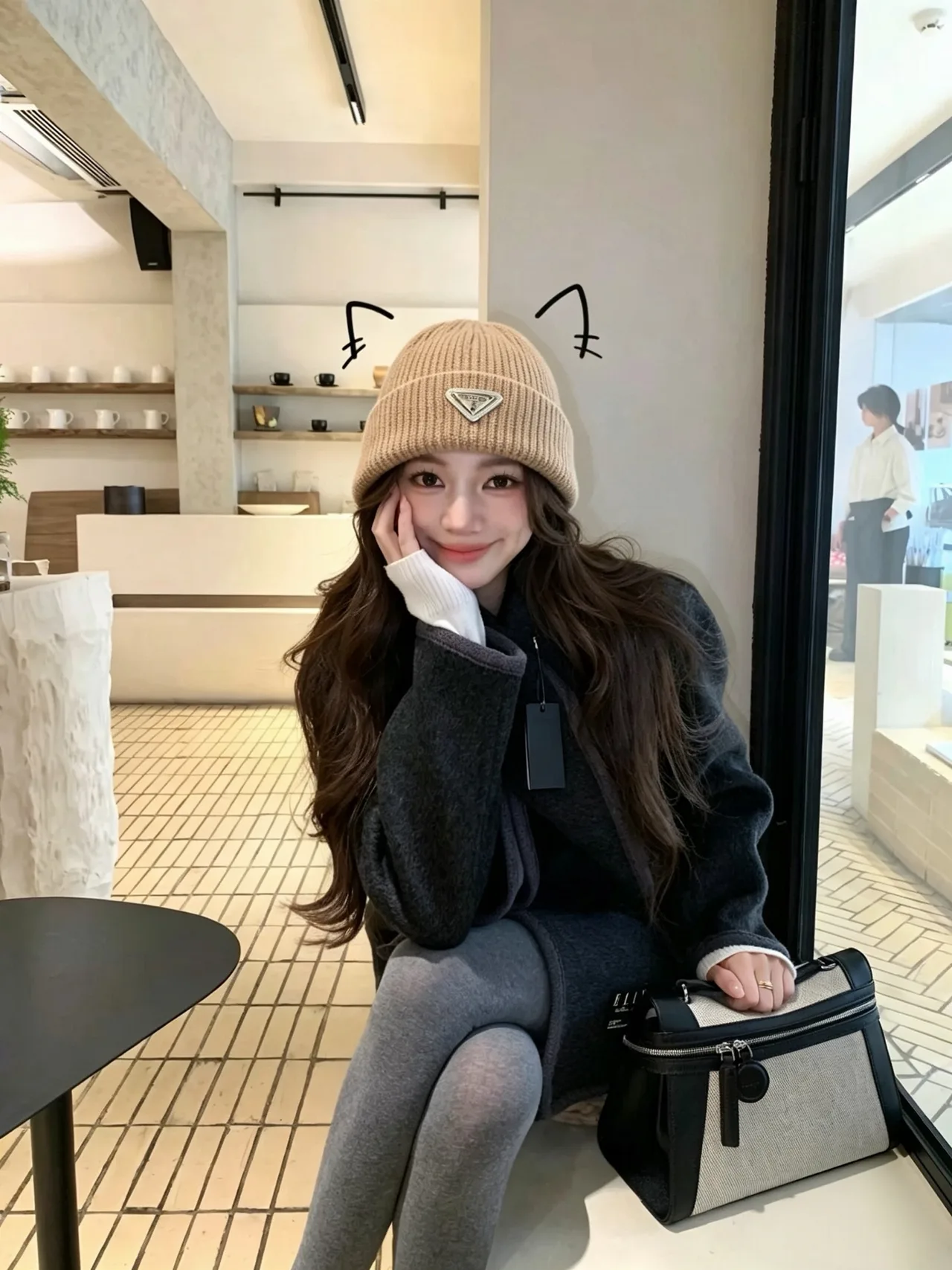 Prada Ribbed Beanie in Beige · view 2