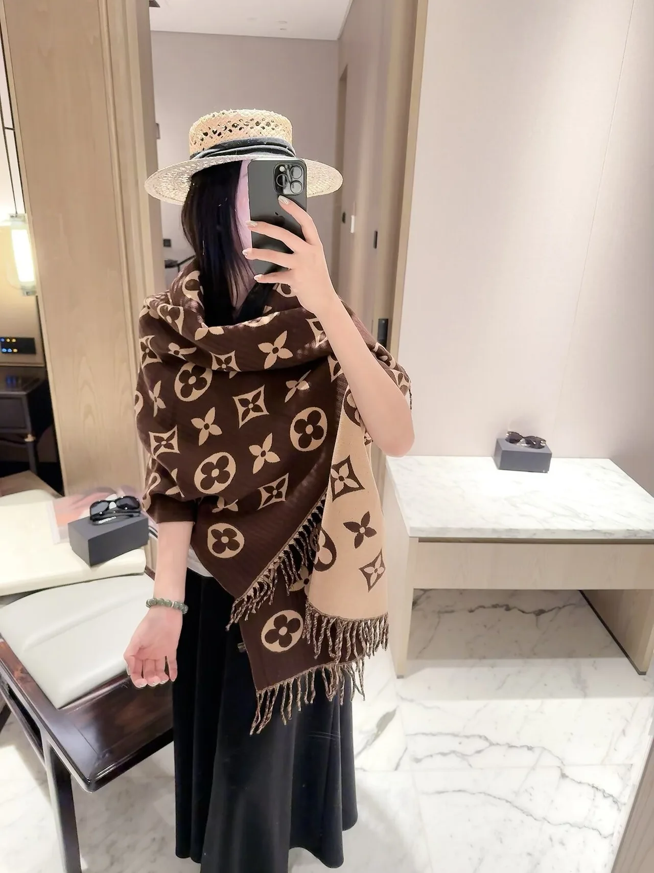 Louis Vuitton Reversible Monogram Shawl in Pink & Brown · view 6