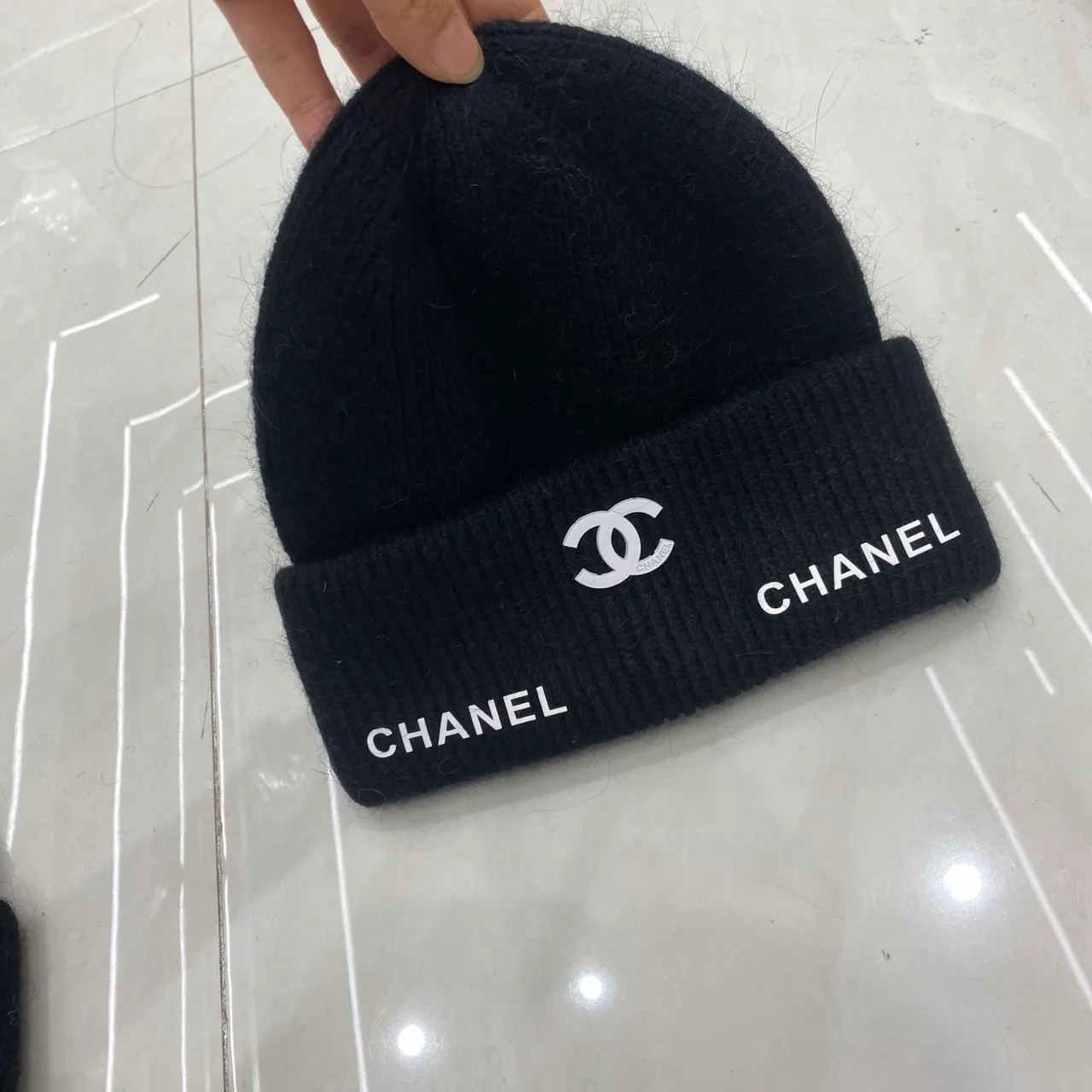 Chanel CC Script Beanie in Black & Cream · view 3