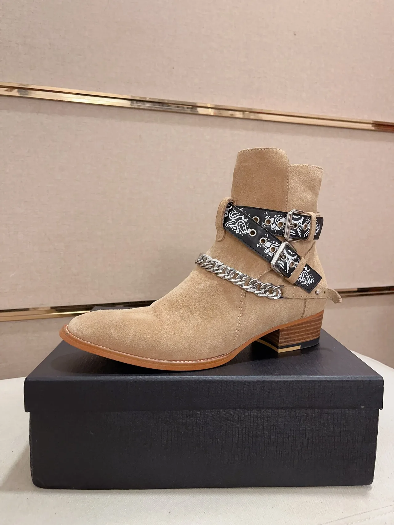 Saint Laurent Cowhide Suede-Look Square-Toe Ankle Boots in Tan · view 1