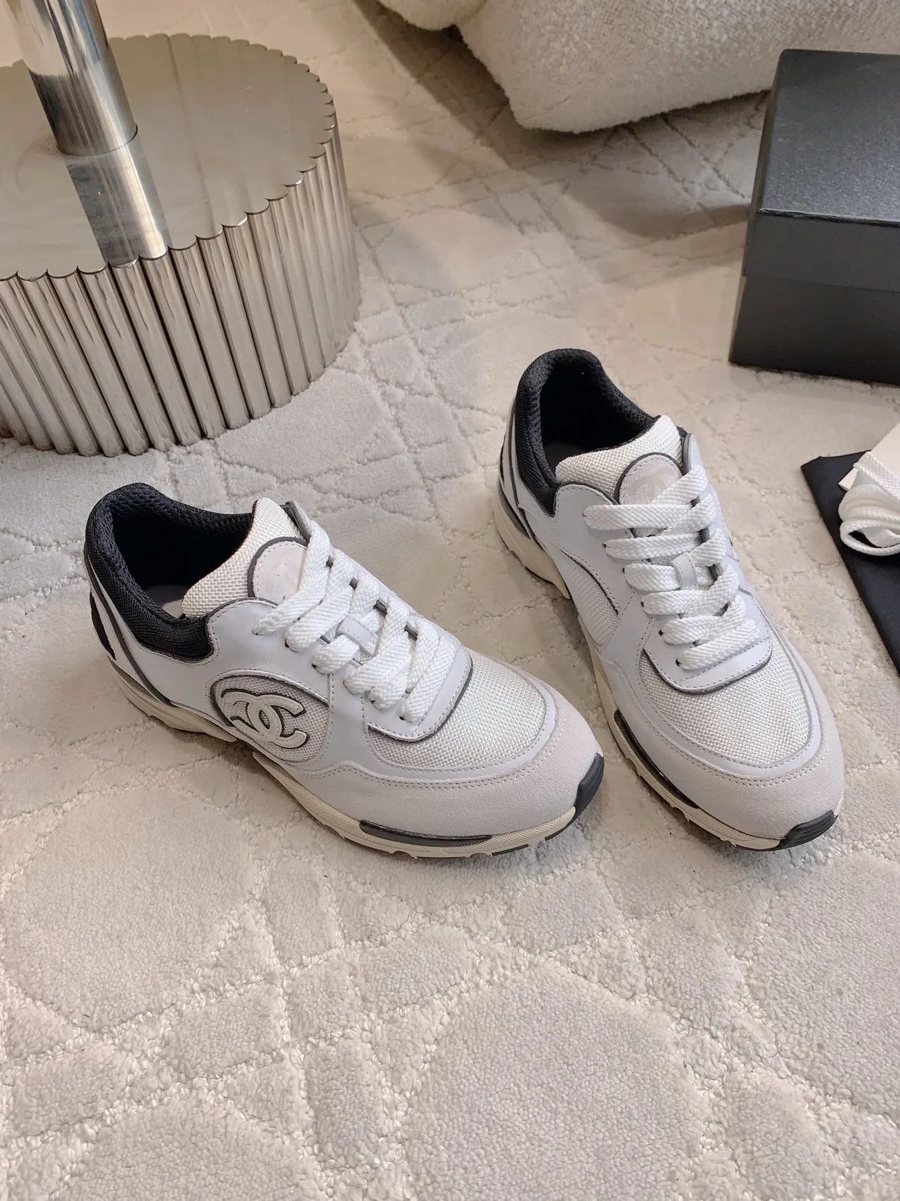 Chanel Quilted Sneakers in White · view 3