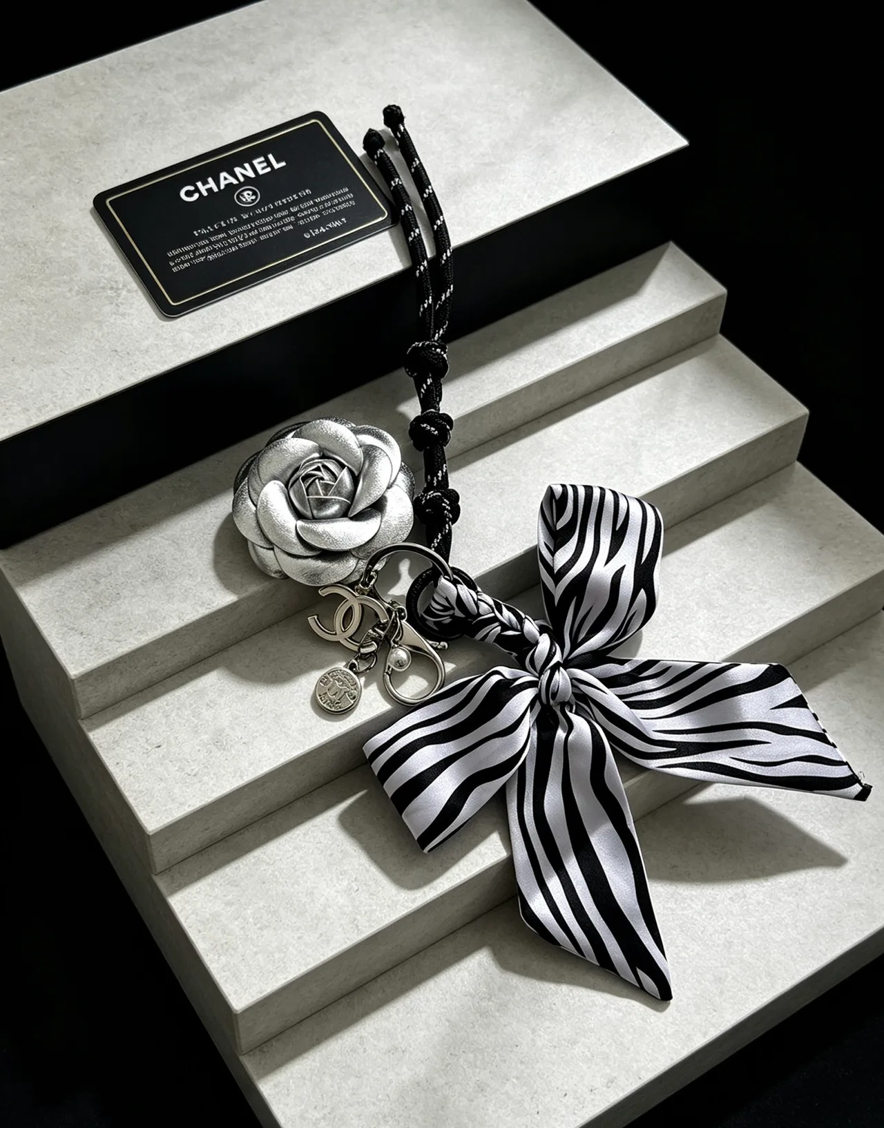Chanel Striped Camellia Keychain in Silver · view 6