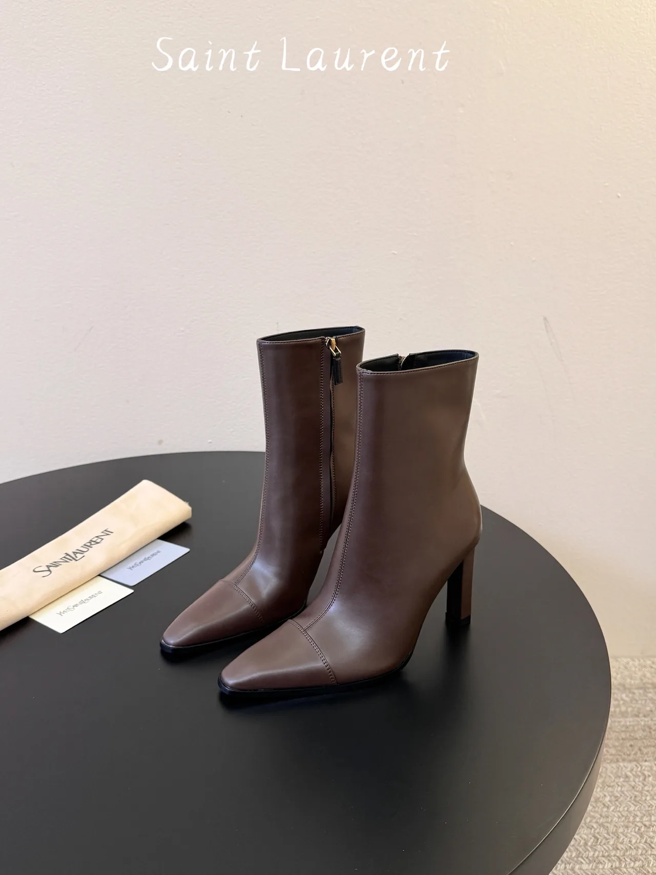 Saint Laurent Glossy Square-Toe Ankle Boots in Brown · view 5