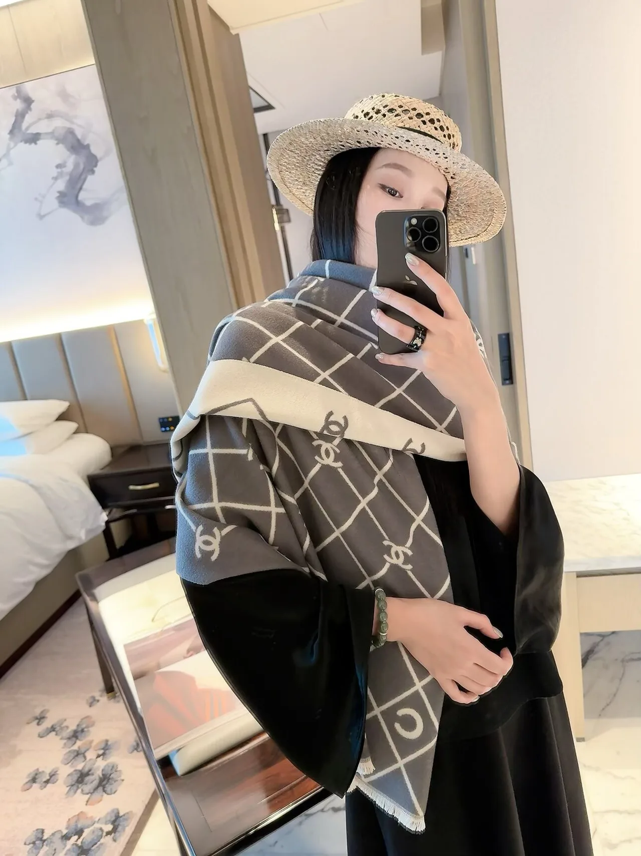 Chanel Diamond CC Shawl in Blue & Red & Grey · view 3