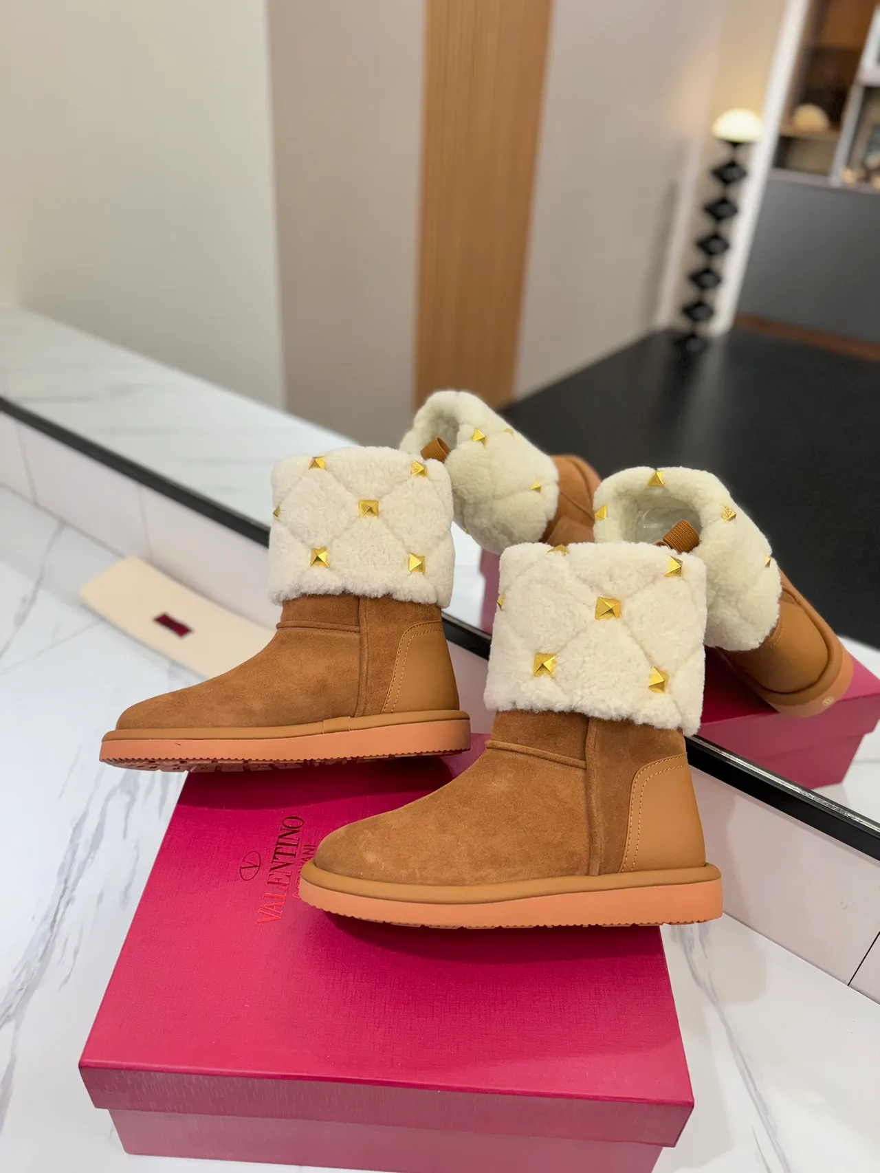 Valentino Quilted Suede-Look Boots in Tan · view 4