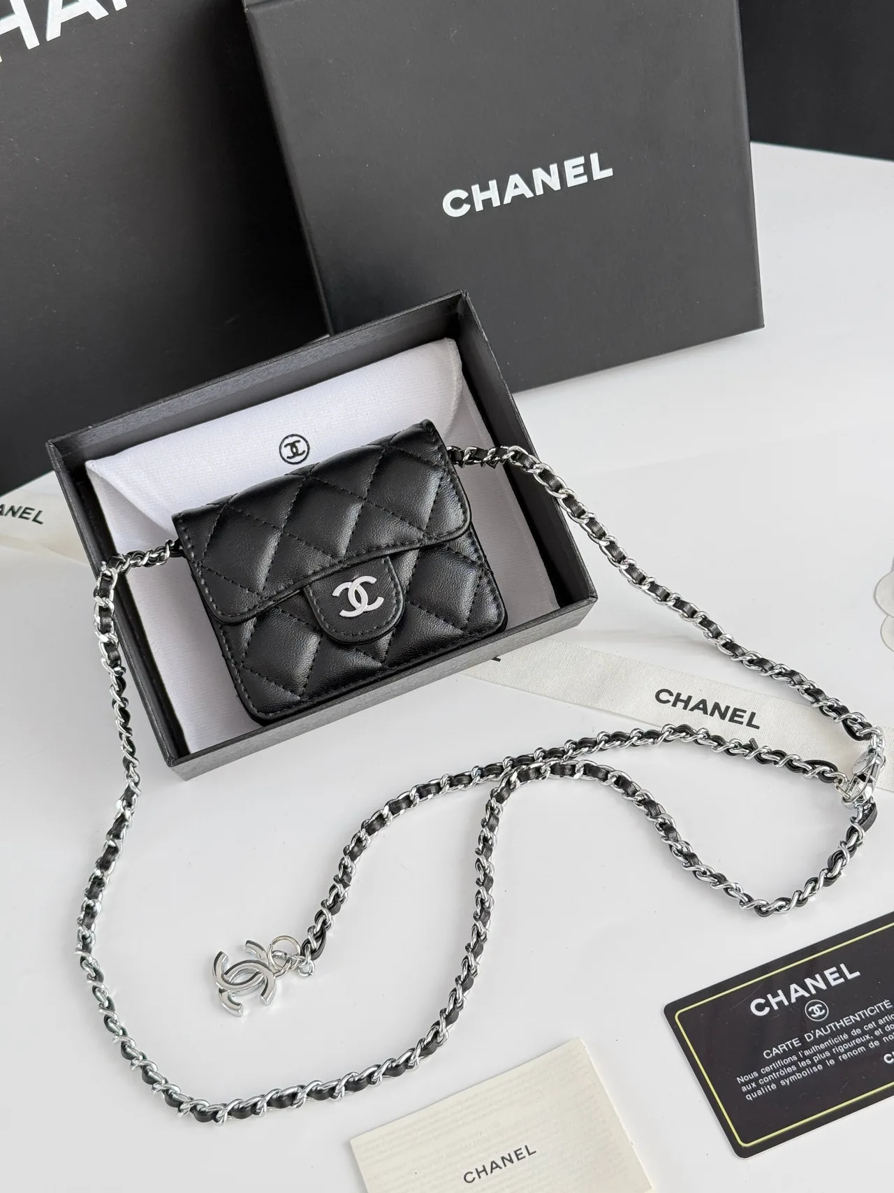Chanel Glossy Quilted Mini Chain Bag in Black · view 2