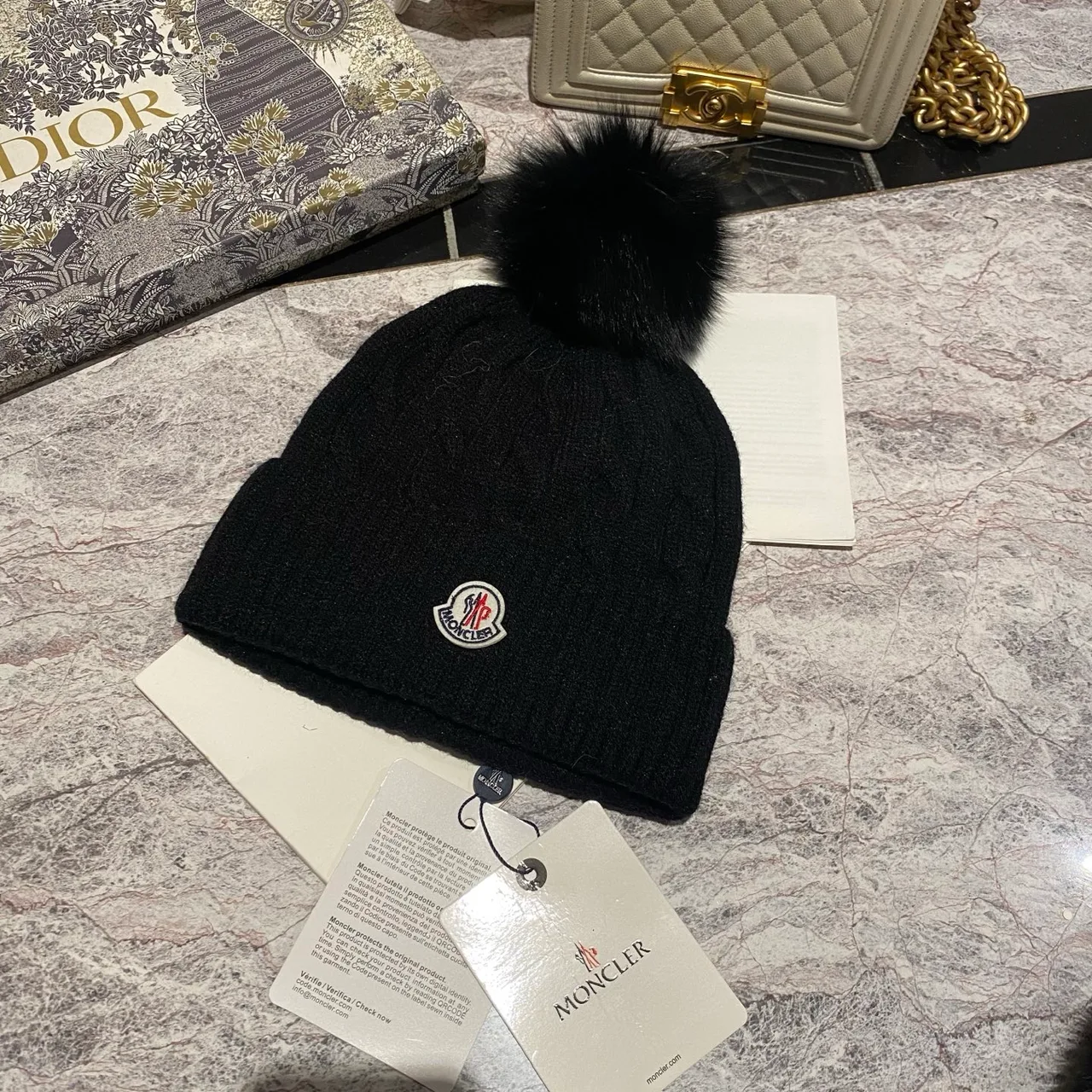 Moncler Pom-Pom Beanie in Black & White & Grey & Tan & Blue & Burgundy & Cream & Pink · view 1