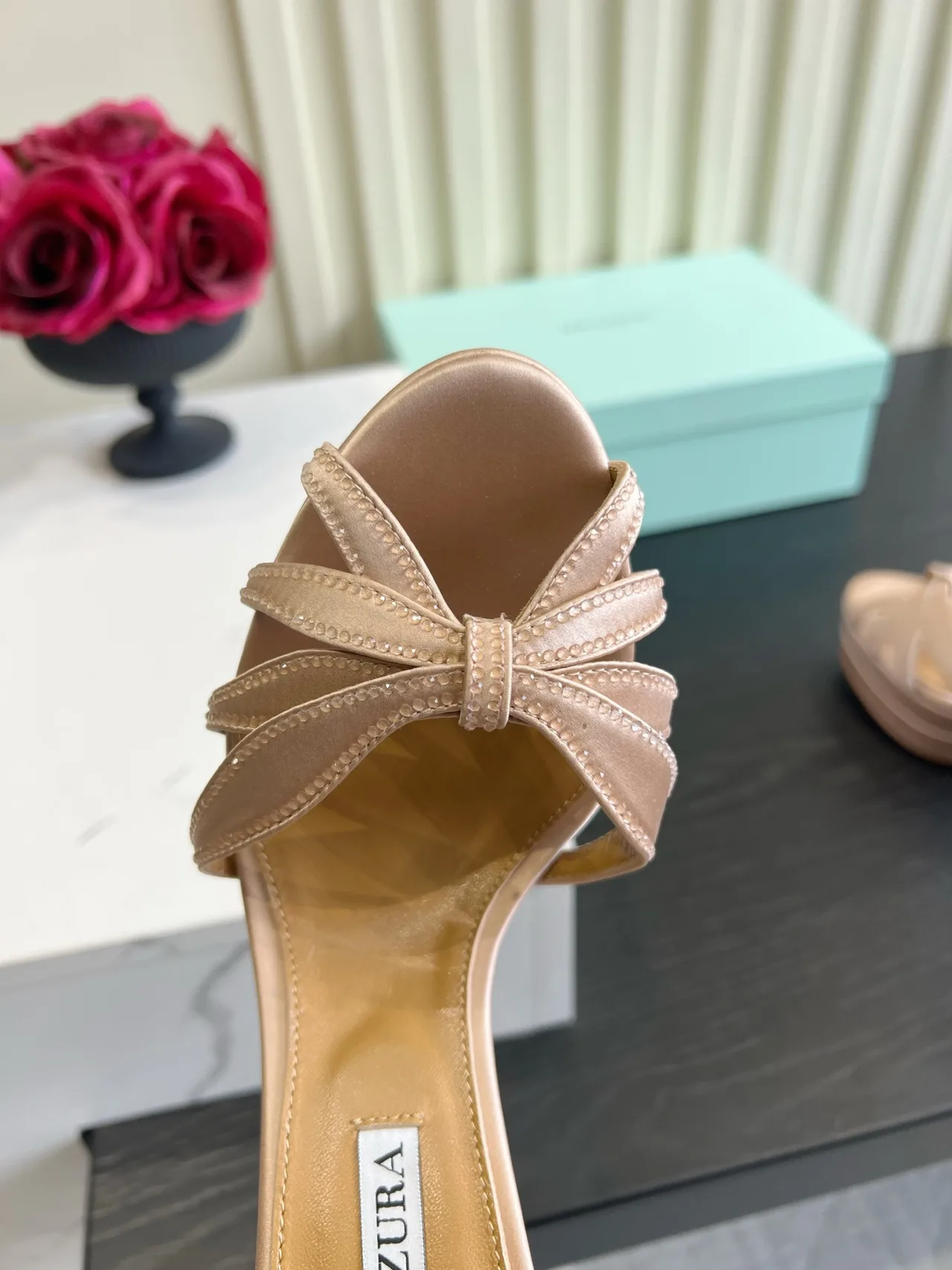 Aquazzura Silk Glossy Bow Sandals in Pink · view 7