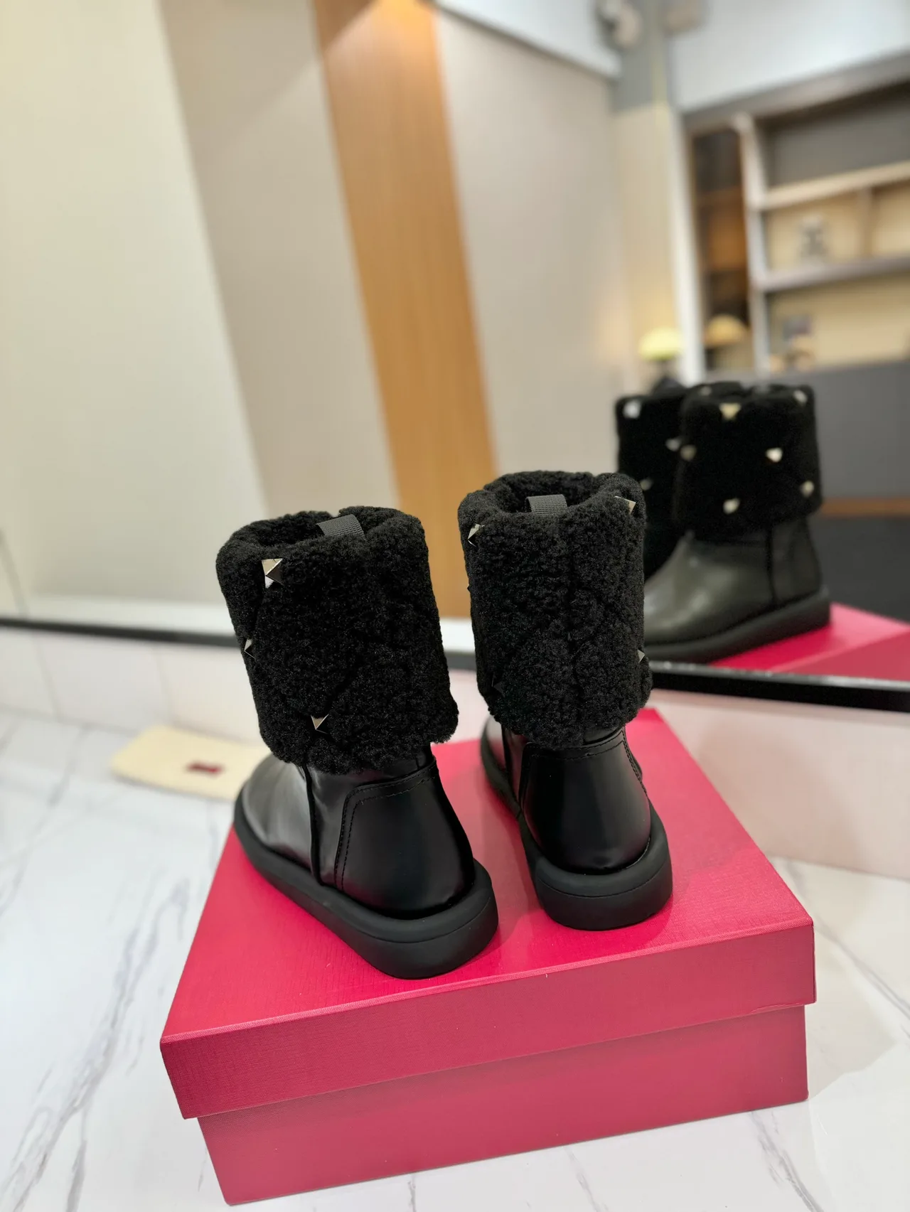 Valentino Cowhide Glossy Round-Toe Boots in Black · view 5