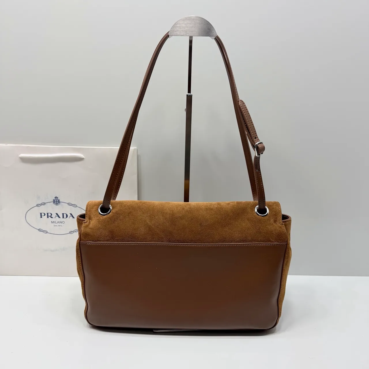 Prada Suede-Look Flap Shoulder Bag in Brown · view 6