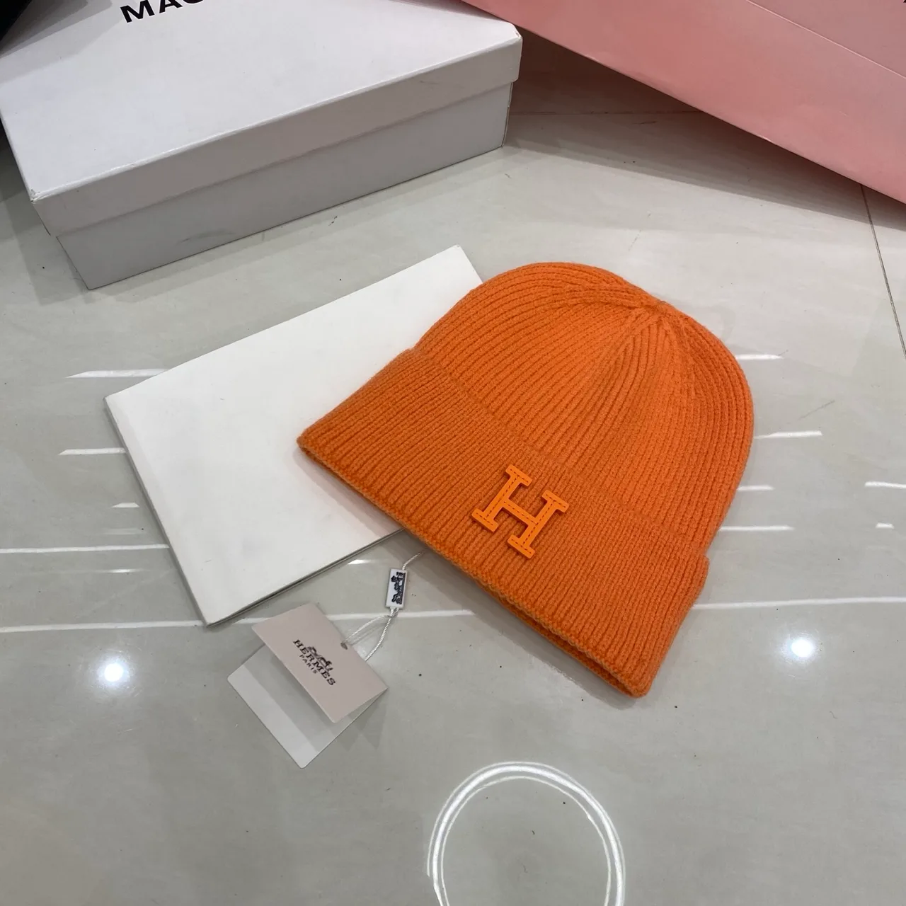Hermes H Knit Beanie in Grey & Blue & White & Pink & Black & Yellow & Red & Brown & Orange · view 7