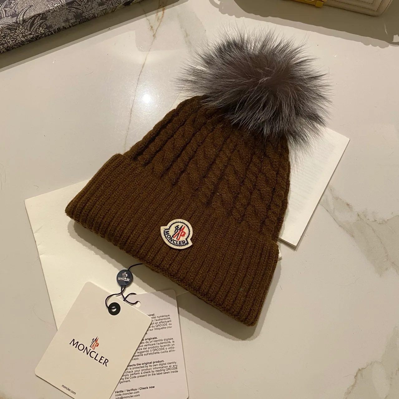 Moncler Cable Pom Beanie in Black & White & Grey & Brown & Burgundy & Beige · view 4