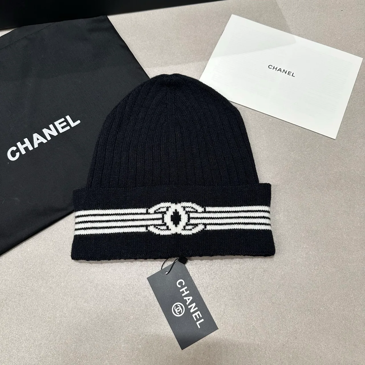Chanel Striped CC knit beanie in Black & White · view 1