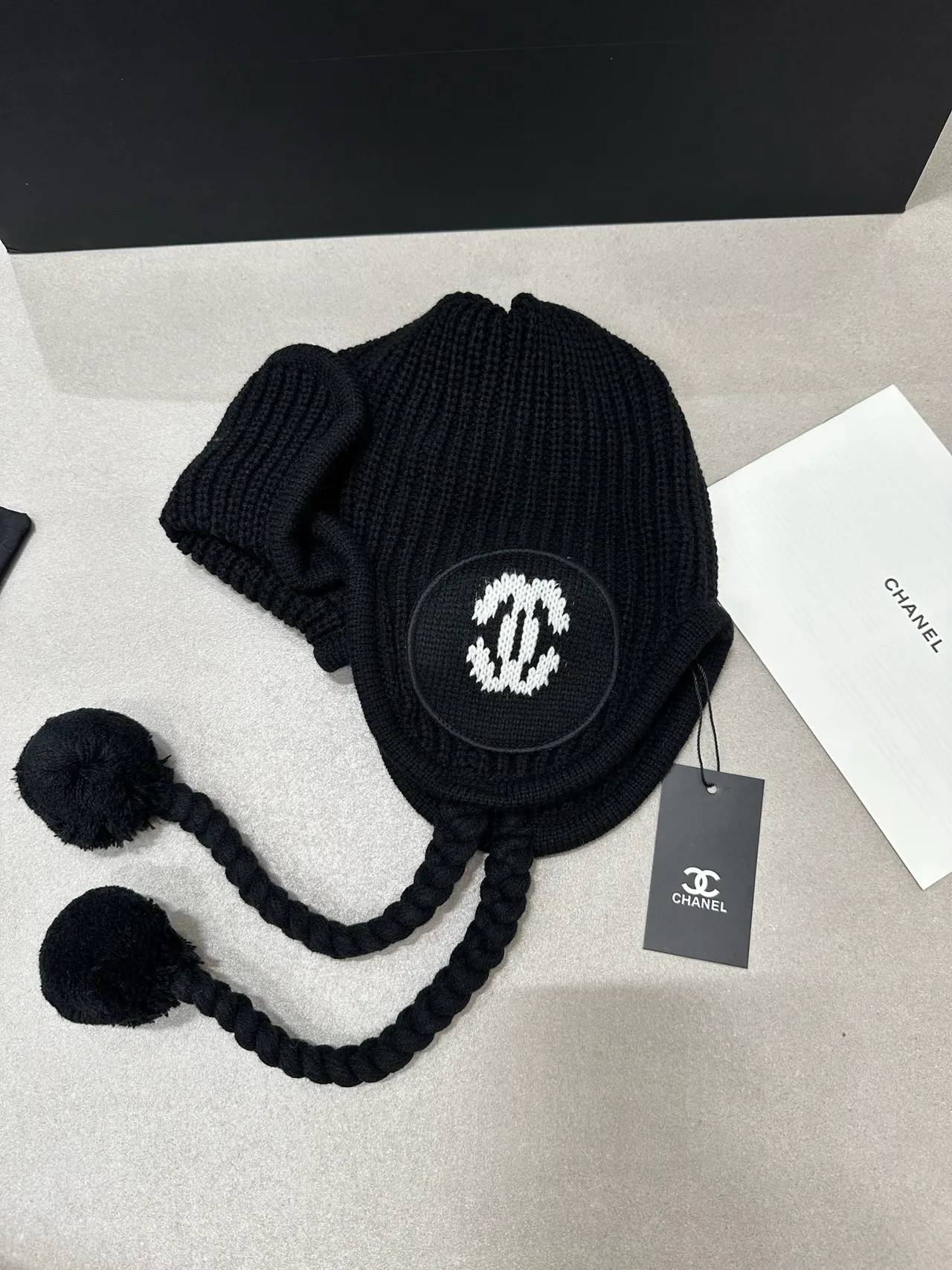 Chanel Earflap Knit Hat in Cream & Black · view 2