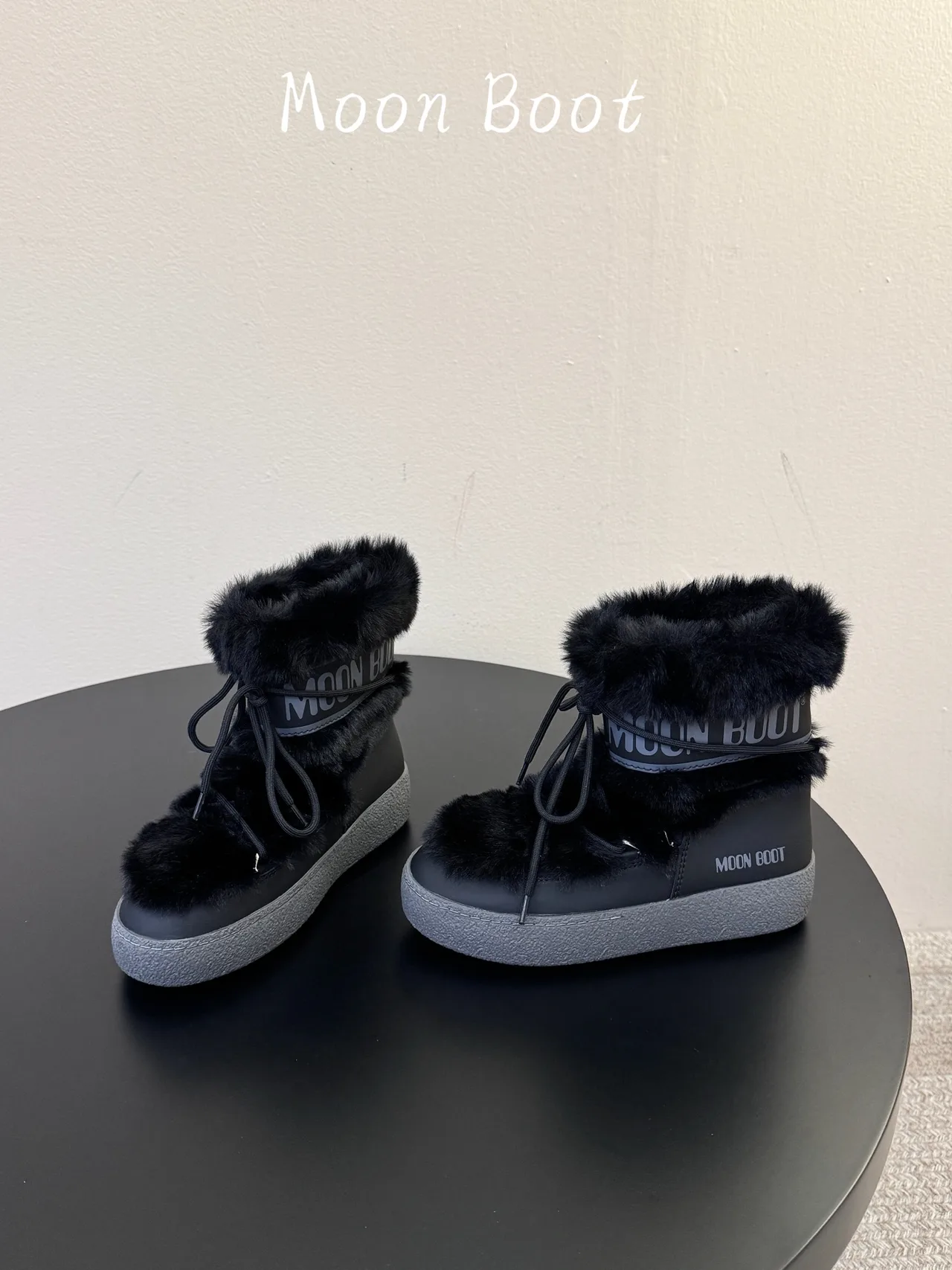 Moon Boot Lace-Up Plush-Cuff Snow Boots in Black · view 3