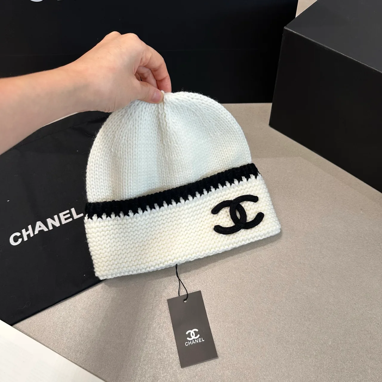 Chanel Contrast-Stripe CC Beanie in White / Black · view 4