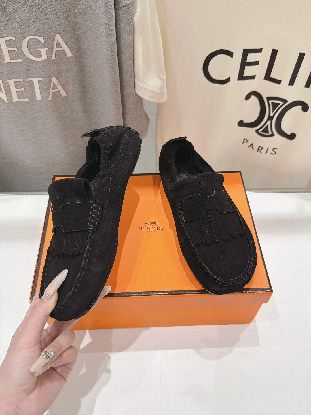 Celine Suede-Look Round-Toe Loafers in Black · view 3