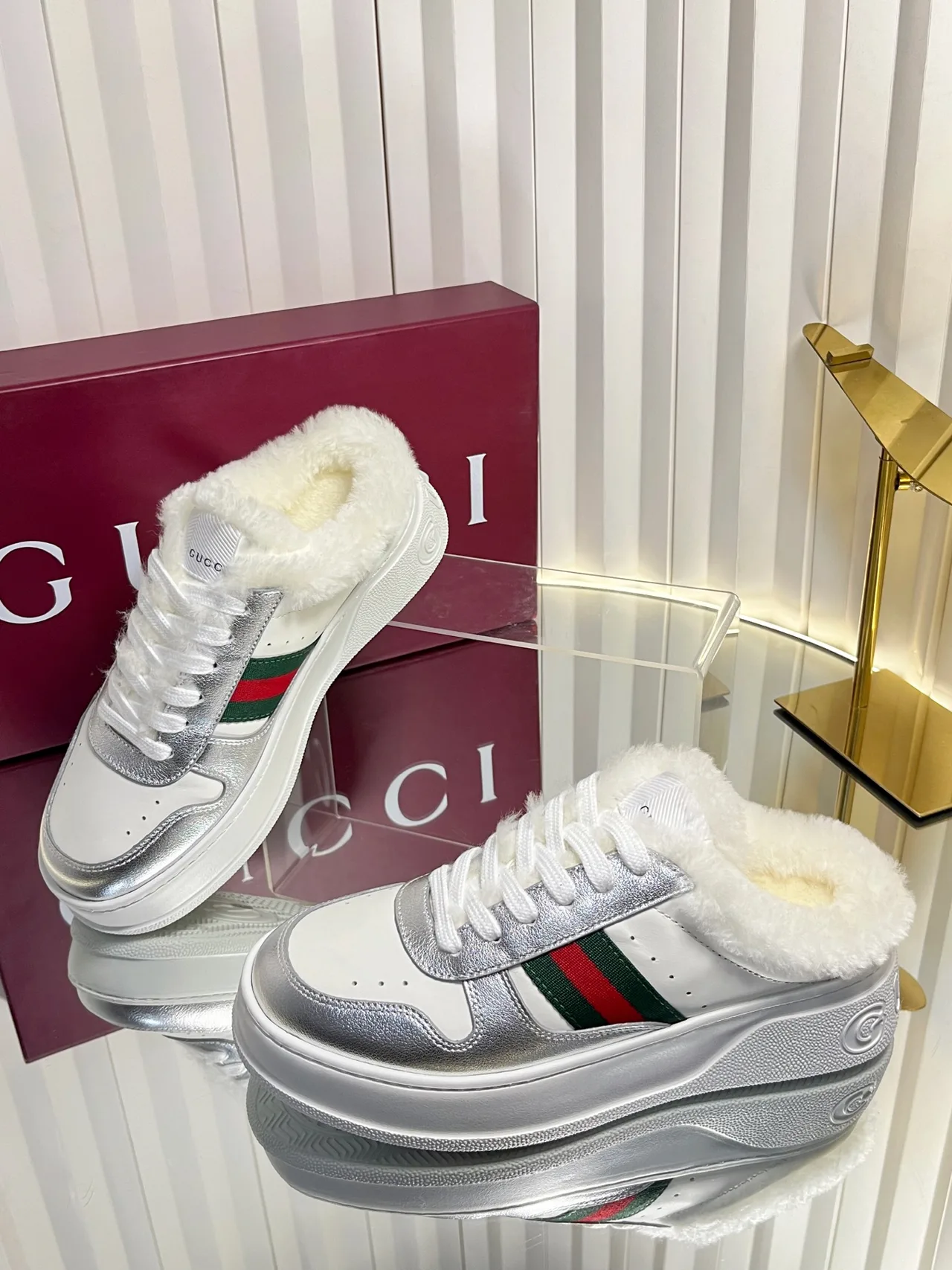 Gucci Wool Striped Lined Sneakers in White · view 5