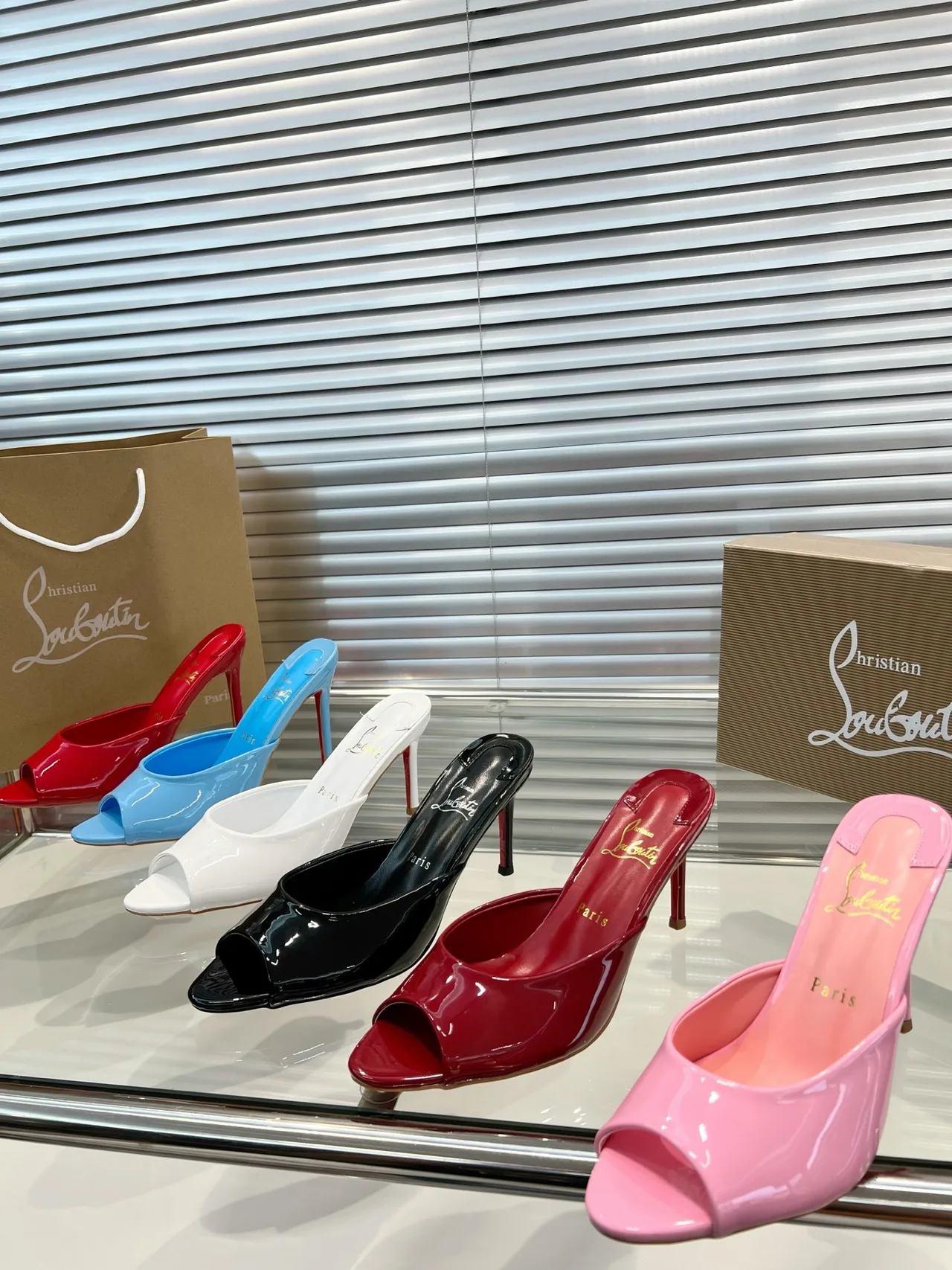 Christian Louboutin Open-toe heeled mules in Pink & Burgundy & Black & Blue & White · view 2