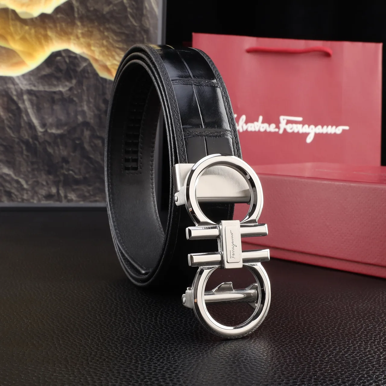 Ferragamo Textured automatic Gancini belt in Black · view 1