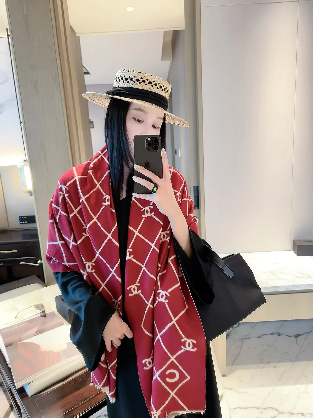 Chanel Diamond CC Shawl in Blue & Red & Grey · view 7