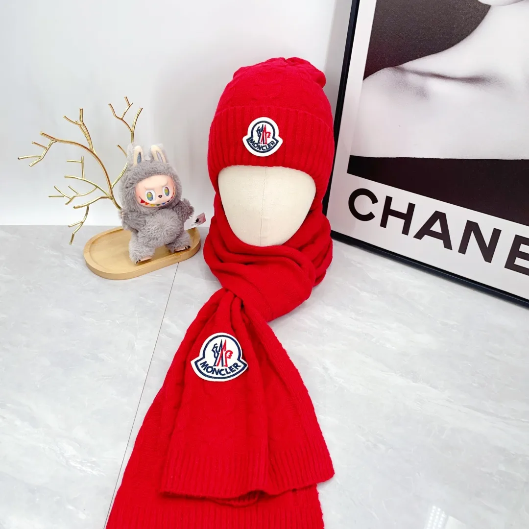 Moncler Wool Ribbed Hat Scarf and Gloves Set in Red · view 2