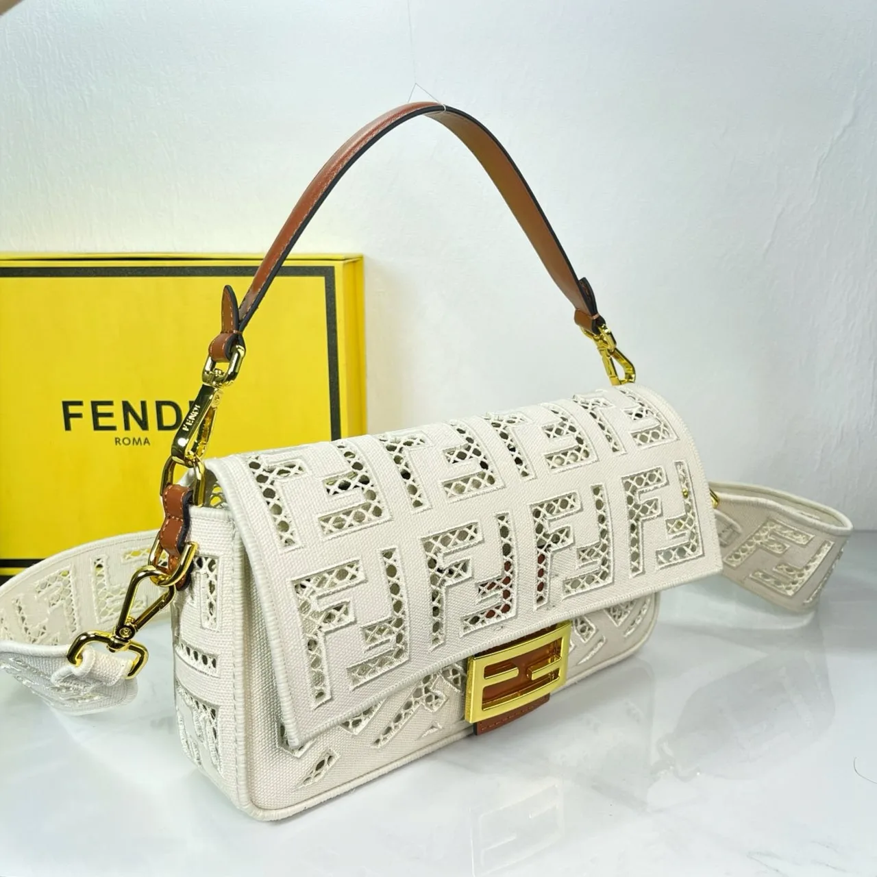 Fendi Canvas Cutout FF-Pattern Flap Shoulder Bag in White · view 3
