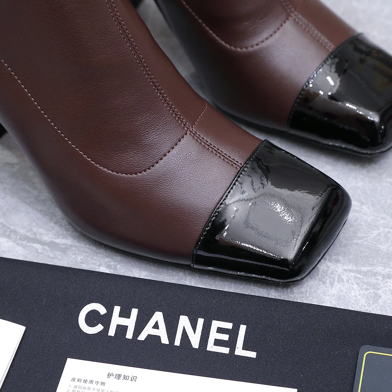 Chanel Cowhide Glossy Square-Toe Knee-High Boots in Brown · view 7