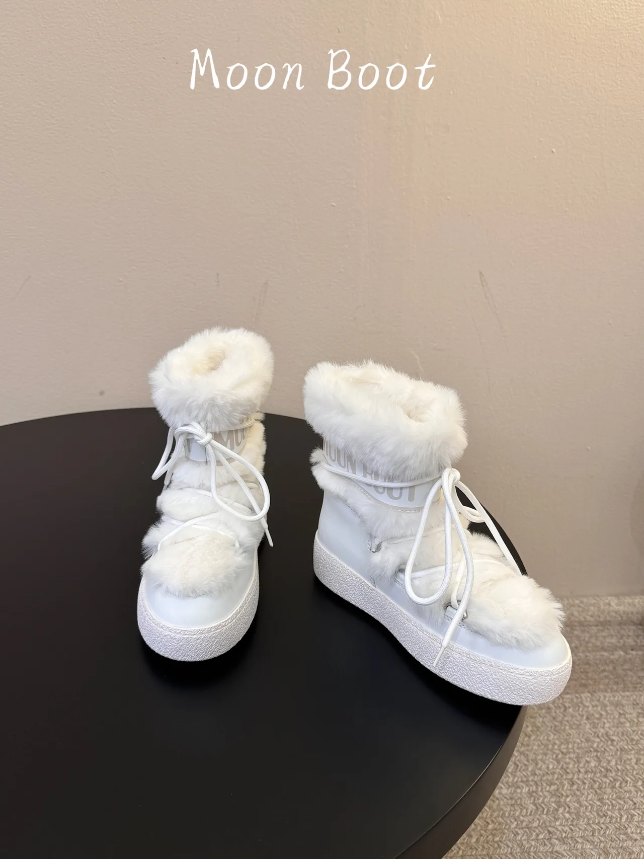 Moon Boot Round-Toe Lace-Up Fleece Boots in White · view 2