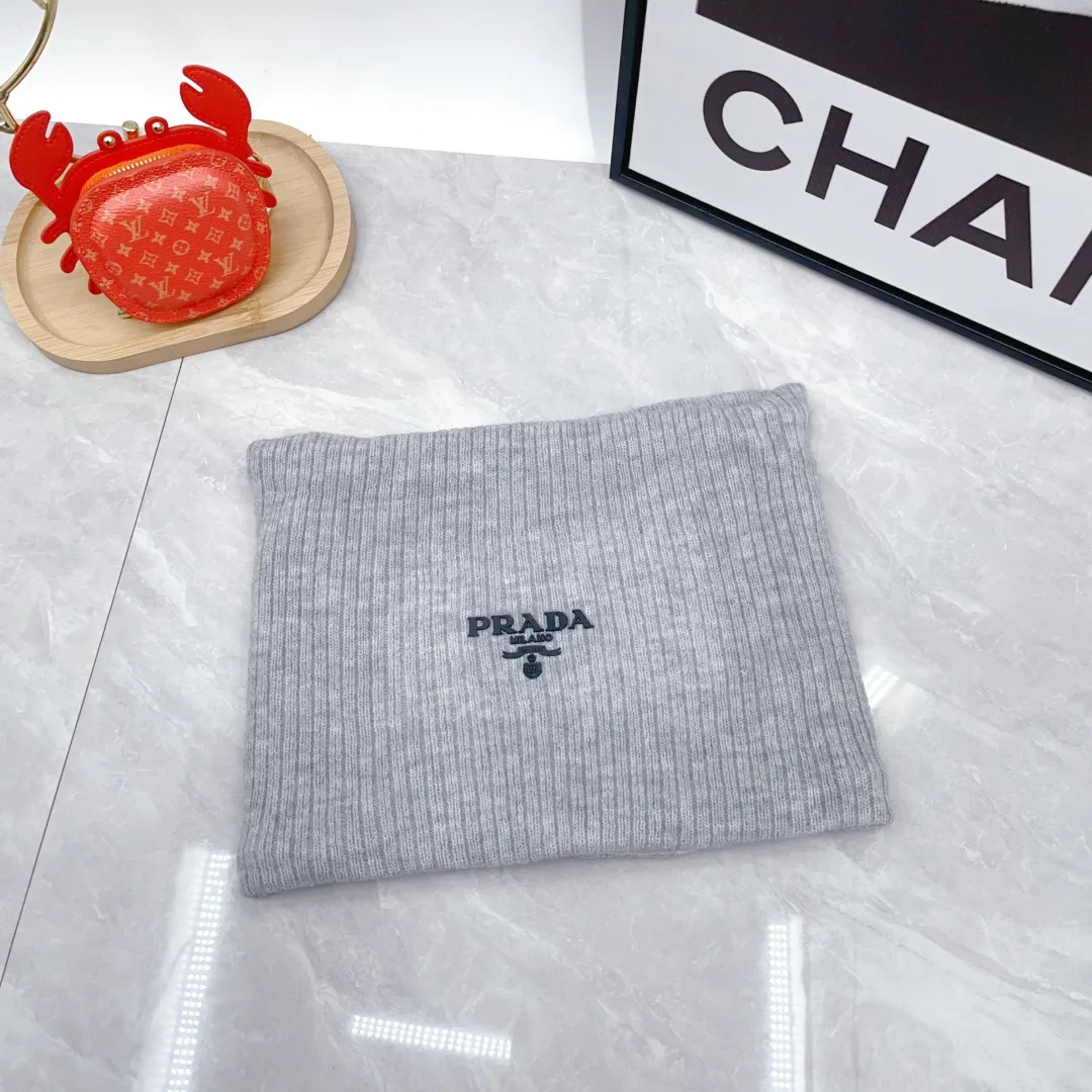 Prada Wool Ribbed Embroidered Hat Scarf and Gloves Set in Grey · view 3