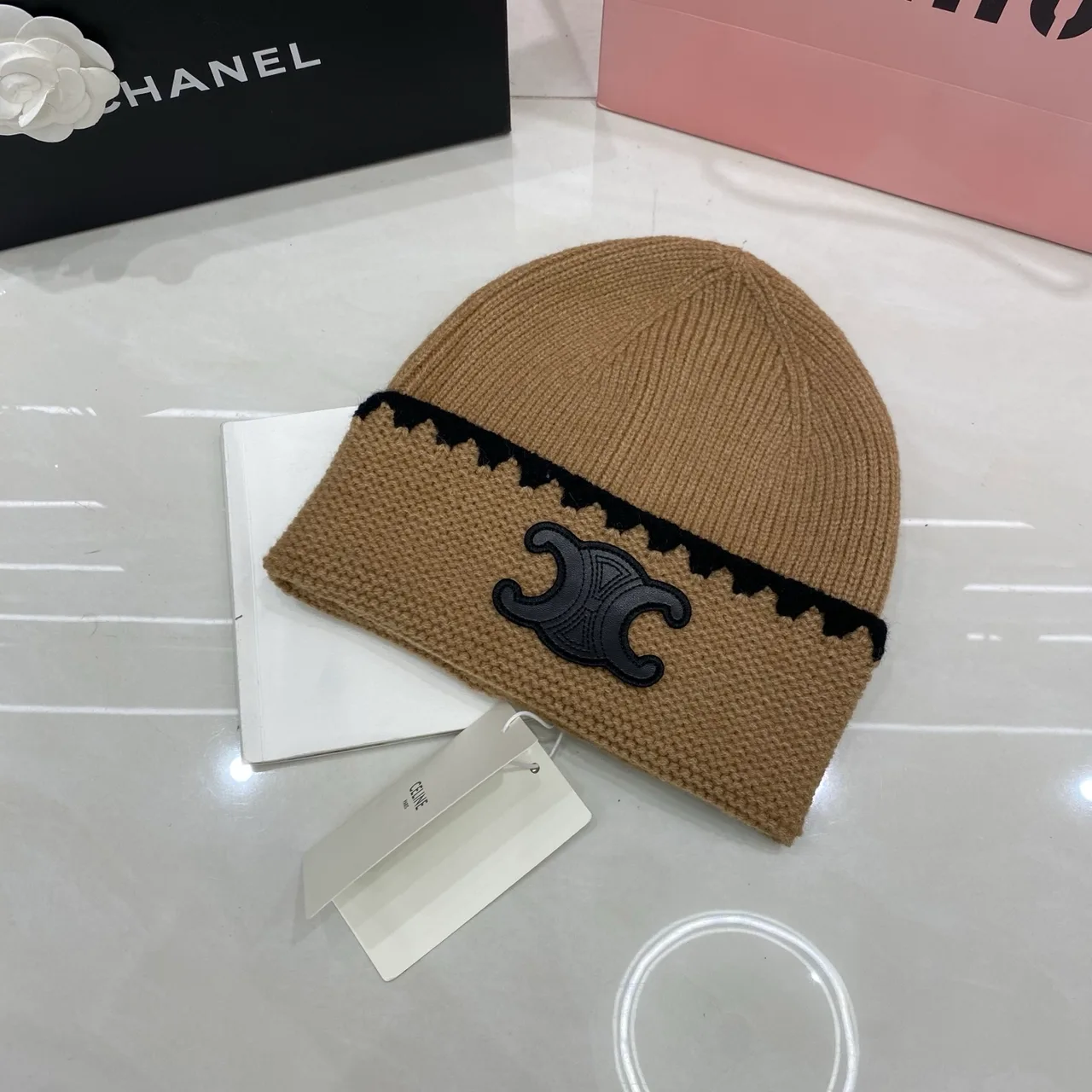 Celine Triomphe Beanie in Black & Brown & White & Grey · view 2