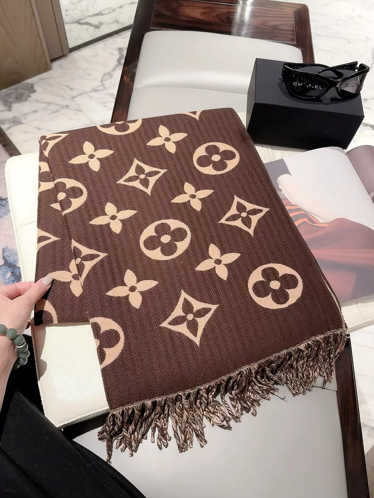 Louis Vuitton Reversible Monogram Shawl in Pink & Brown · view 2