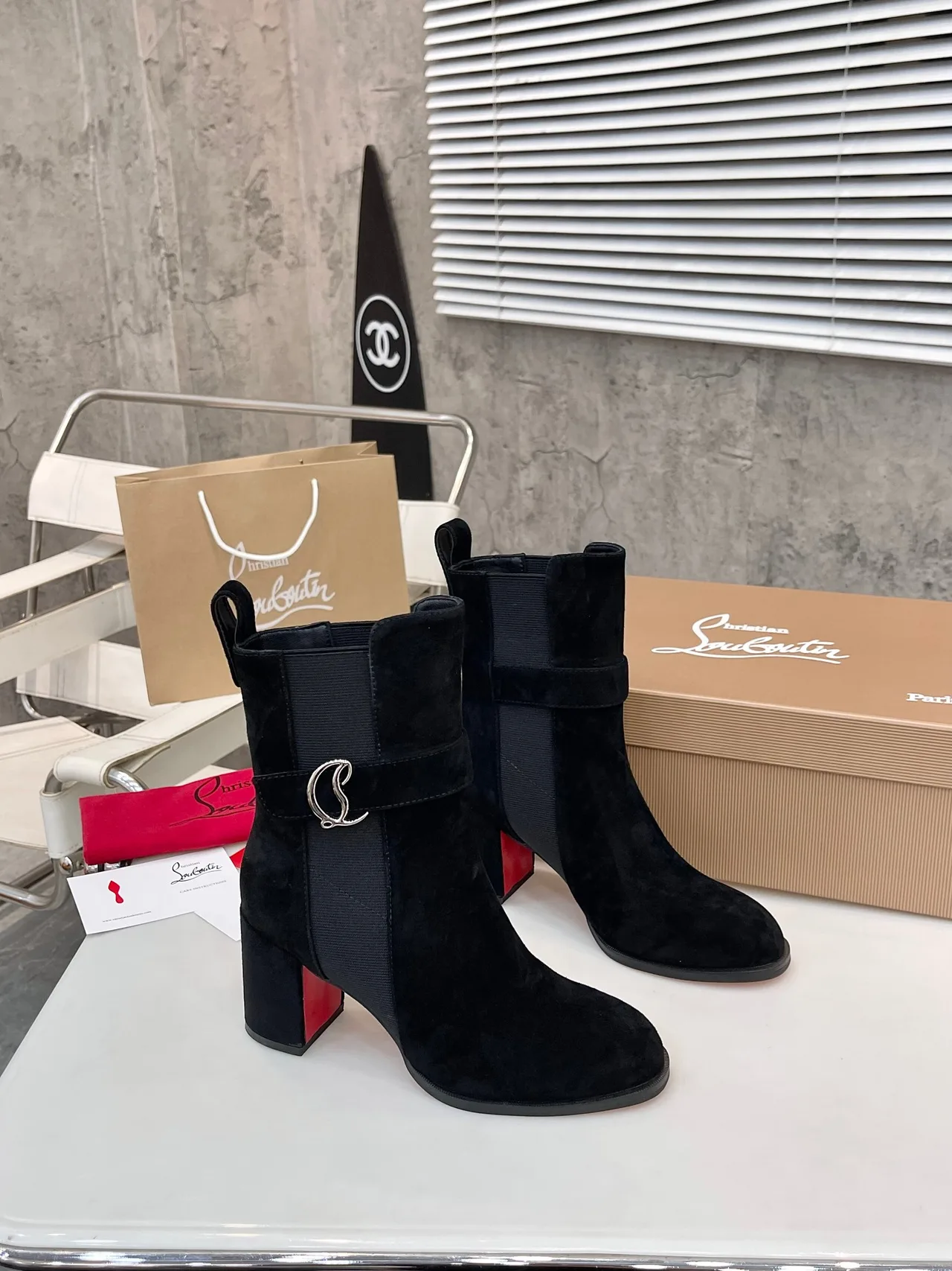 Christian Louboutin Calfskin Suede-Look Pointed-Toe Buckle Ankle Boots in Black · view 2