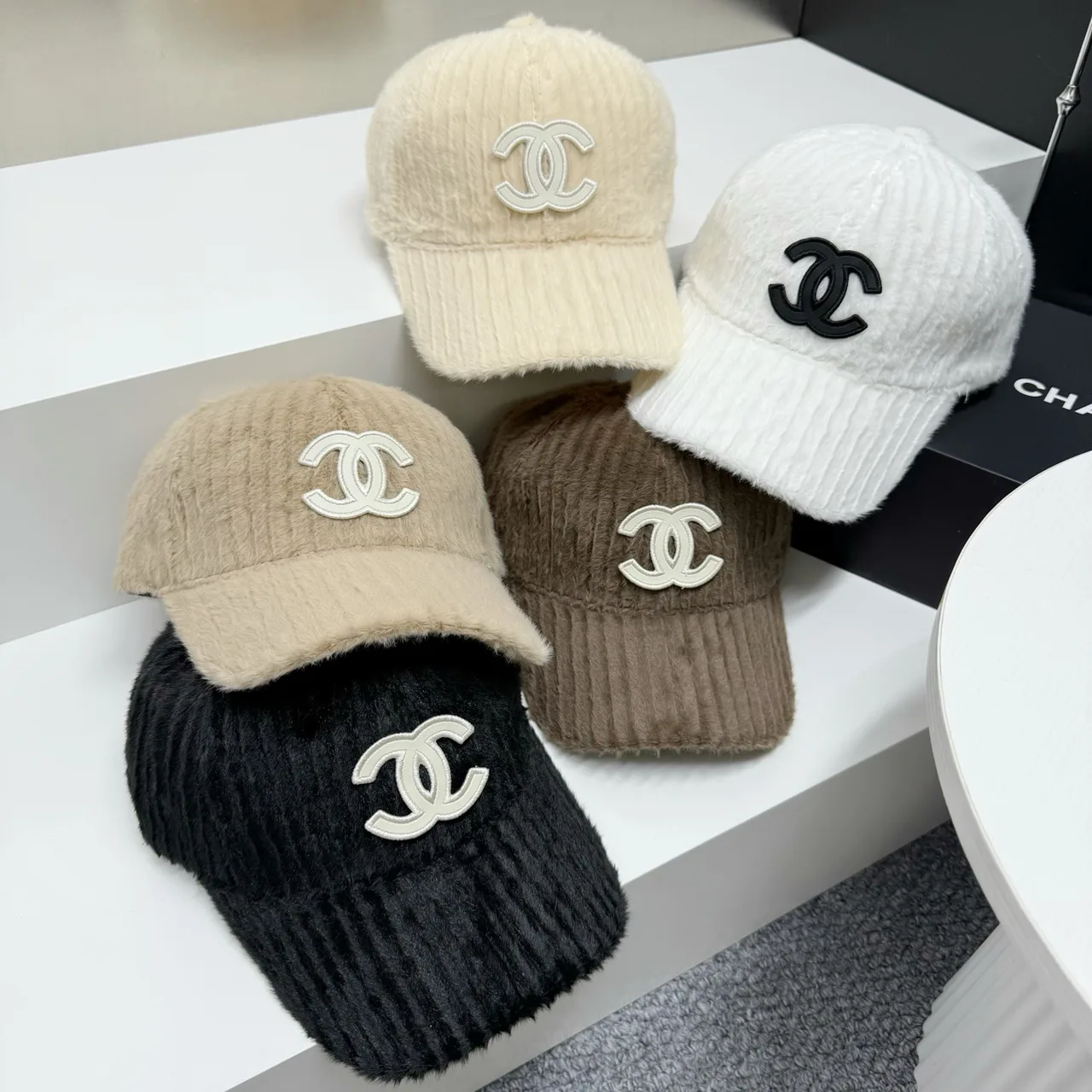 Chanel Fuzzy Baseball Cap in White & Beige & Brown & Black · view 6
