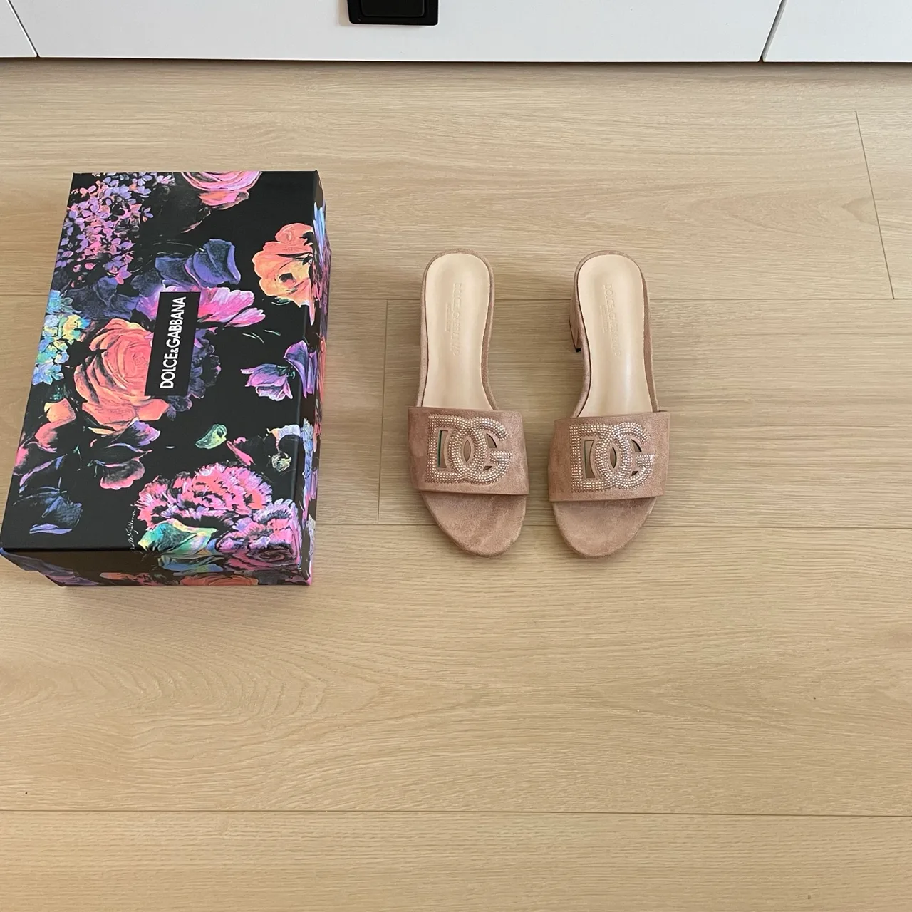 Dolce & Gabbana Sheepskin DG Crystal-Band Mules in Pink · view 1