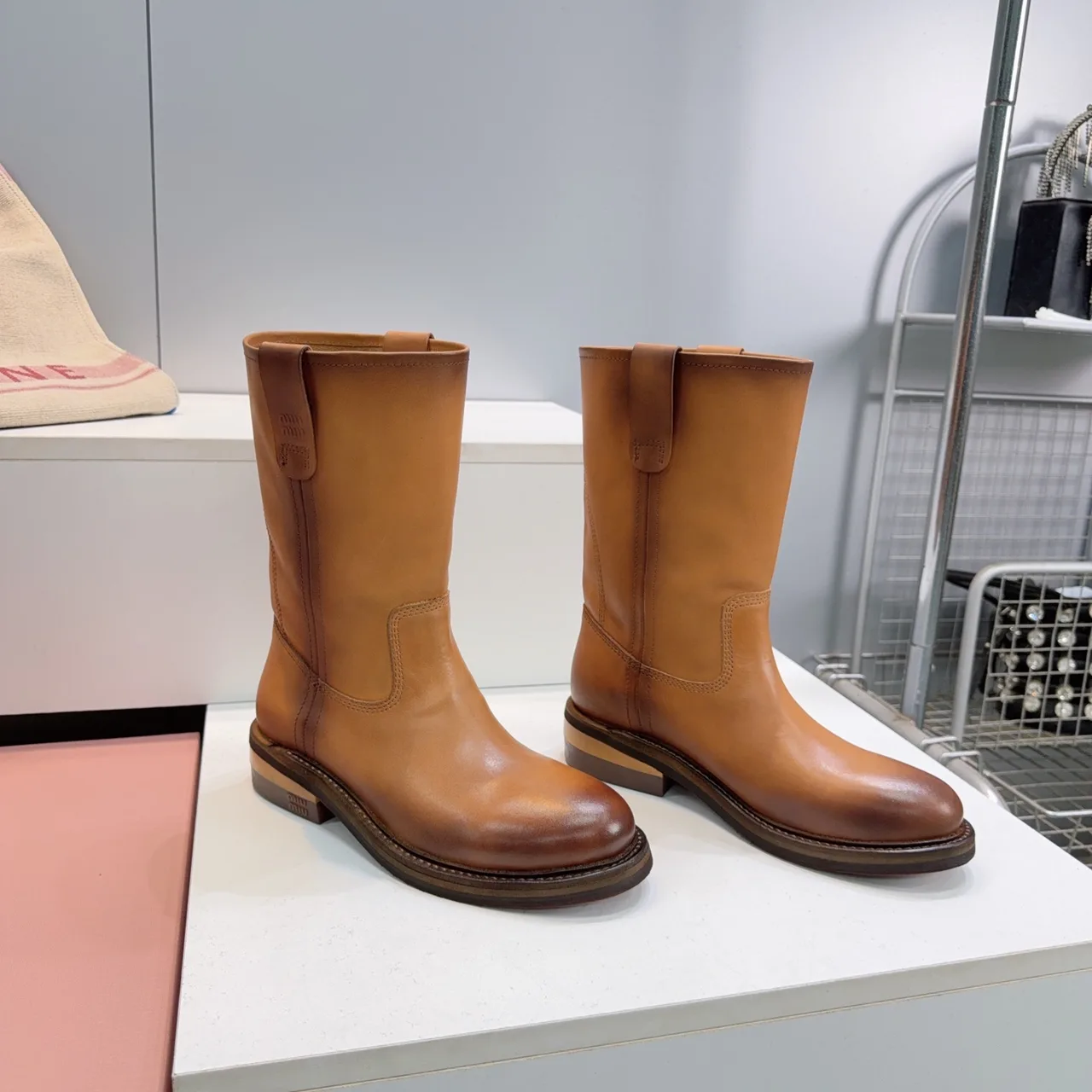 Miu Miu Cowhide Smooth Round-Toe Mid-Calf Boots in Brown · view 3
