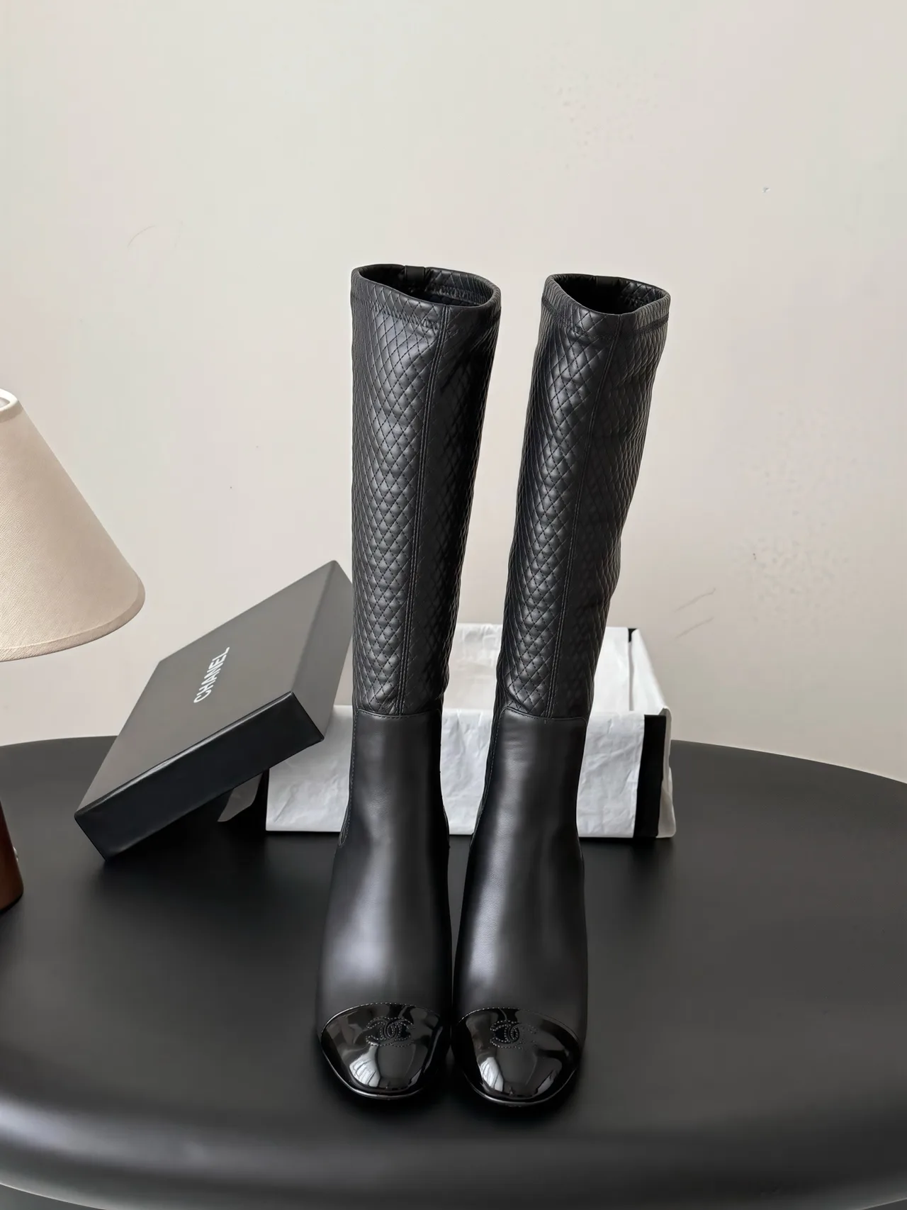 Chanel Cowhide Glossy Pointed-Toe Boots in Black · view 1