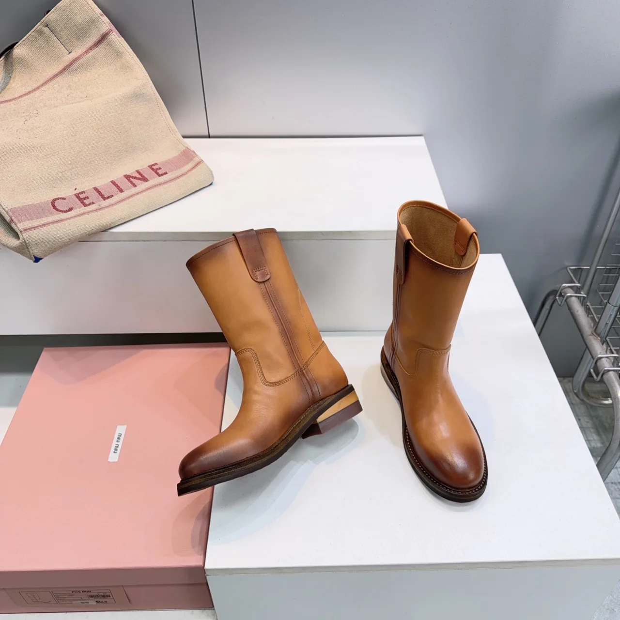 Miu Miu Cowhide Smooth Round-Toe Mid-Calf Boots in Brown · view 5