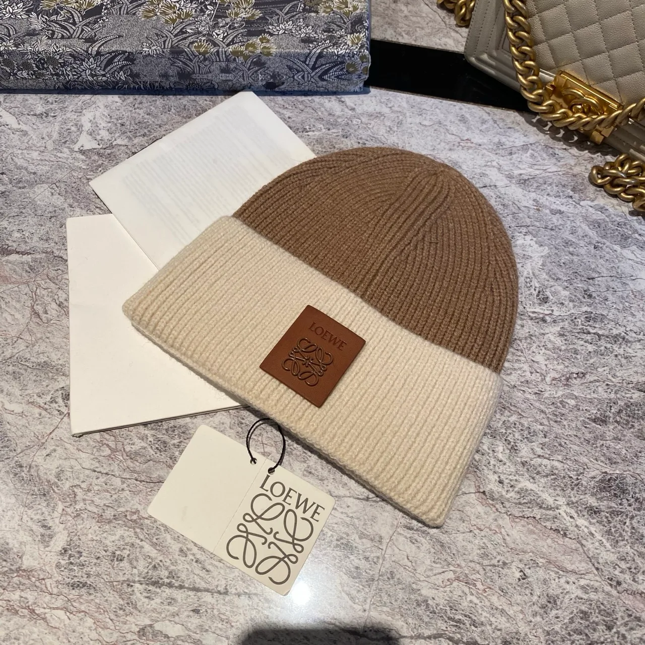 Loewe Colorblock logo-patch knit beanie in Black & Cream & Tan · view 4