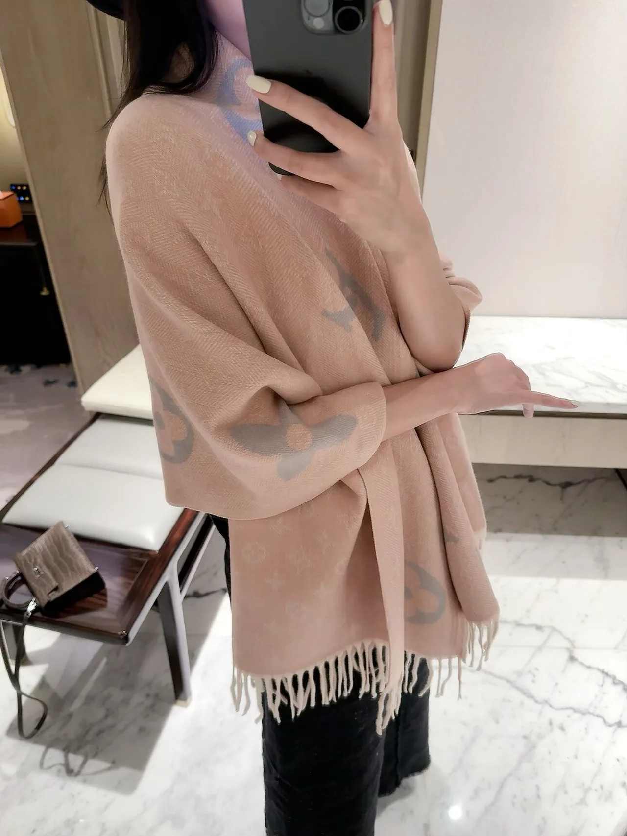 Louis Vuitton Reversible Monogram Fringed Scarf in Grey & Pink & Beige · view 2