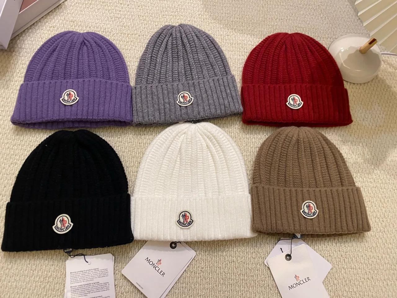Moncler Ribbed Beanie in Black & White & Grey & Purple & Burgundy · view 7