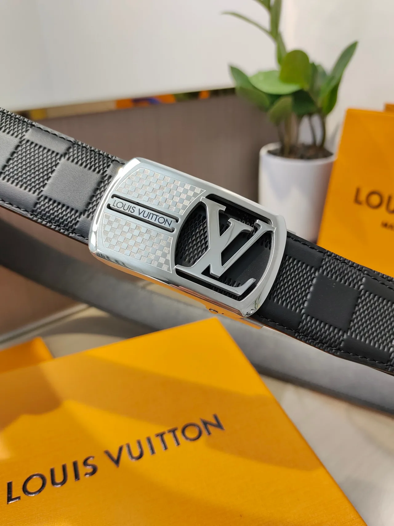 Louis Vuitton Calfskin Check Belt in Black · view 5