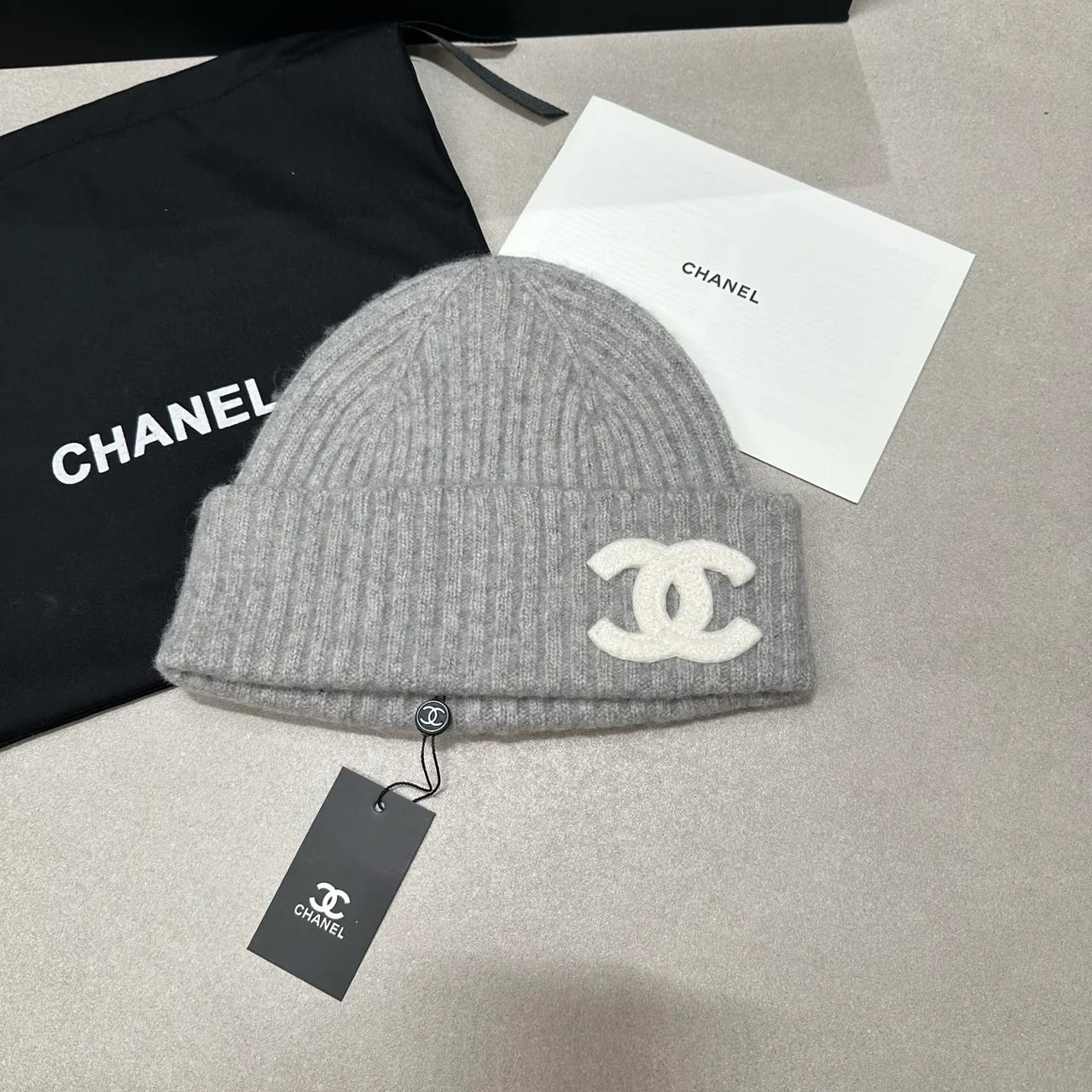 Chanel Knit Beanie in Cream & Black & Blue & Grey · view 4