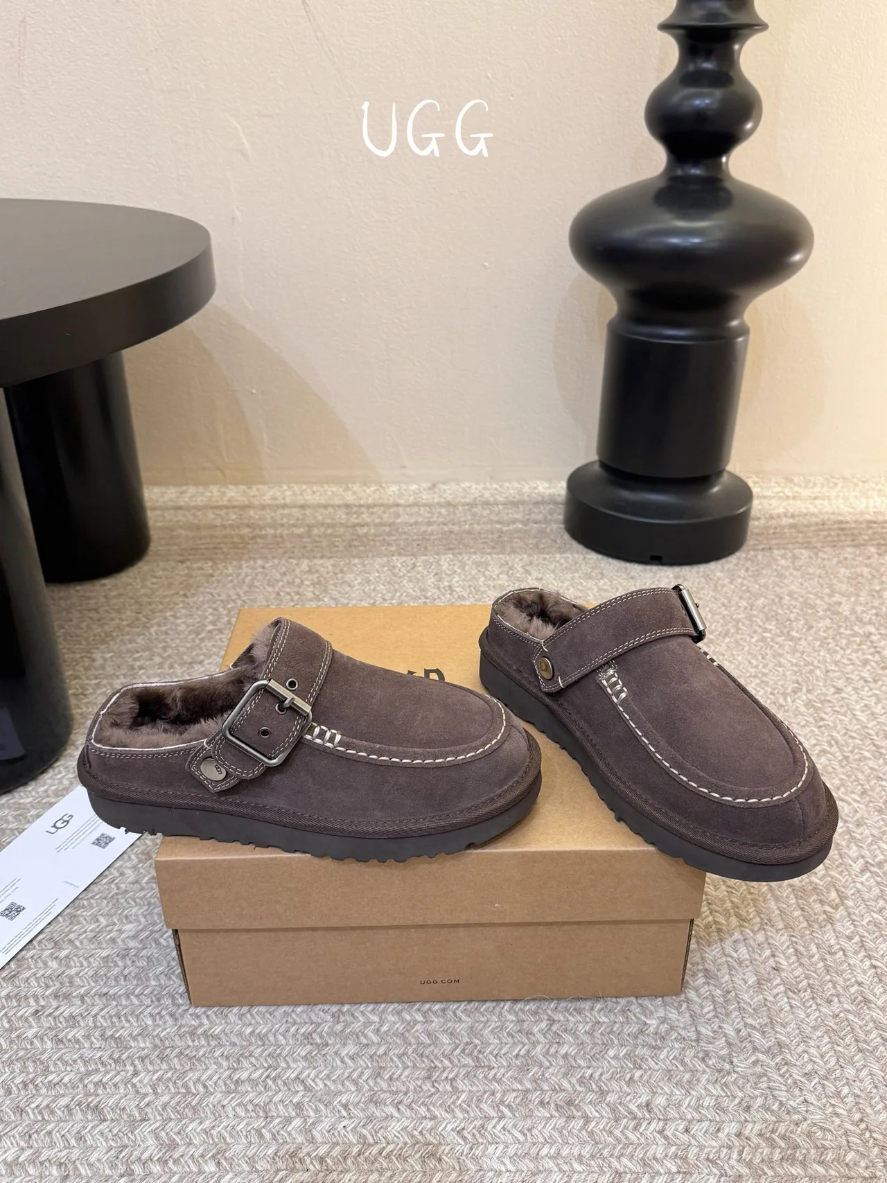 UGG Wool Suede-Look Buckle Lined Loafer Mules in Brown · view 6